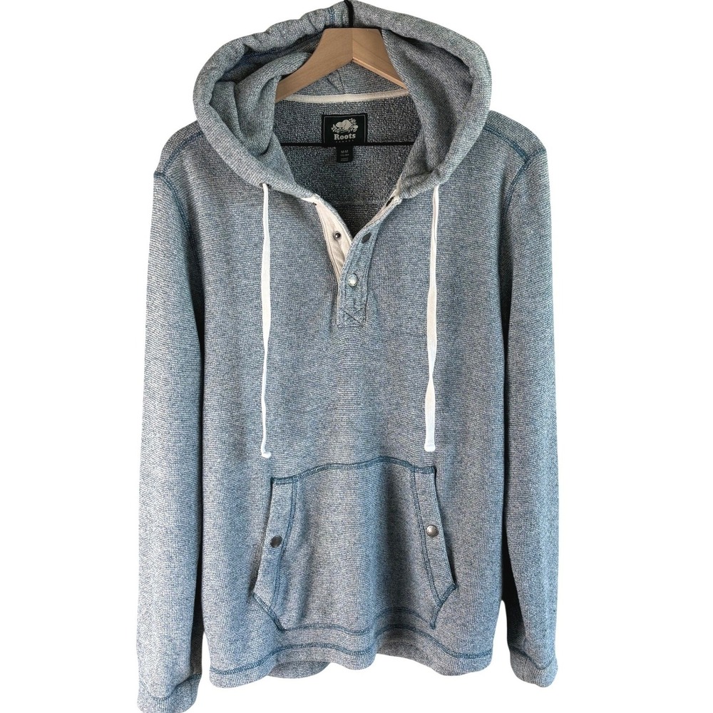 Roots Hoodie Blue Mens Medium Henley Button Neck Cotton Textured Pullover